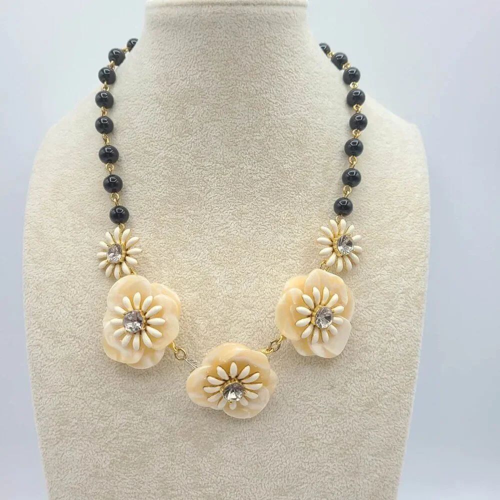 Talbots Black Bead Flower Necklace with Crystals NWOT! - Picture 10 of 11